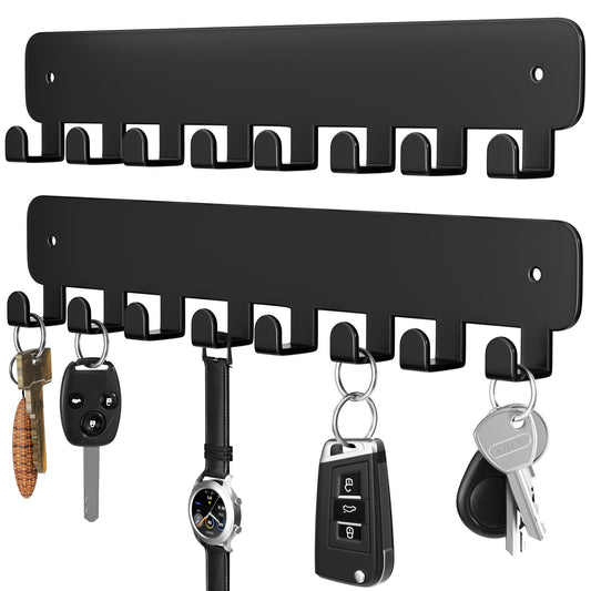 pickpiff Key Holder Wall Mount, Adhesive Key Rack with 8 Hooks Hanger for Car Key Ring, Metal Key Chain Organizer, Black 2 Pack