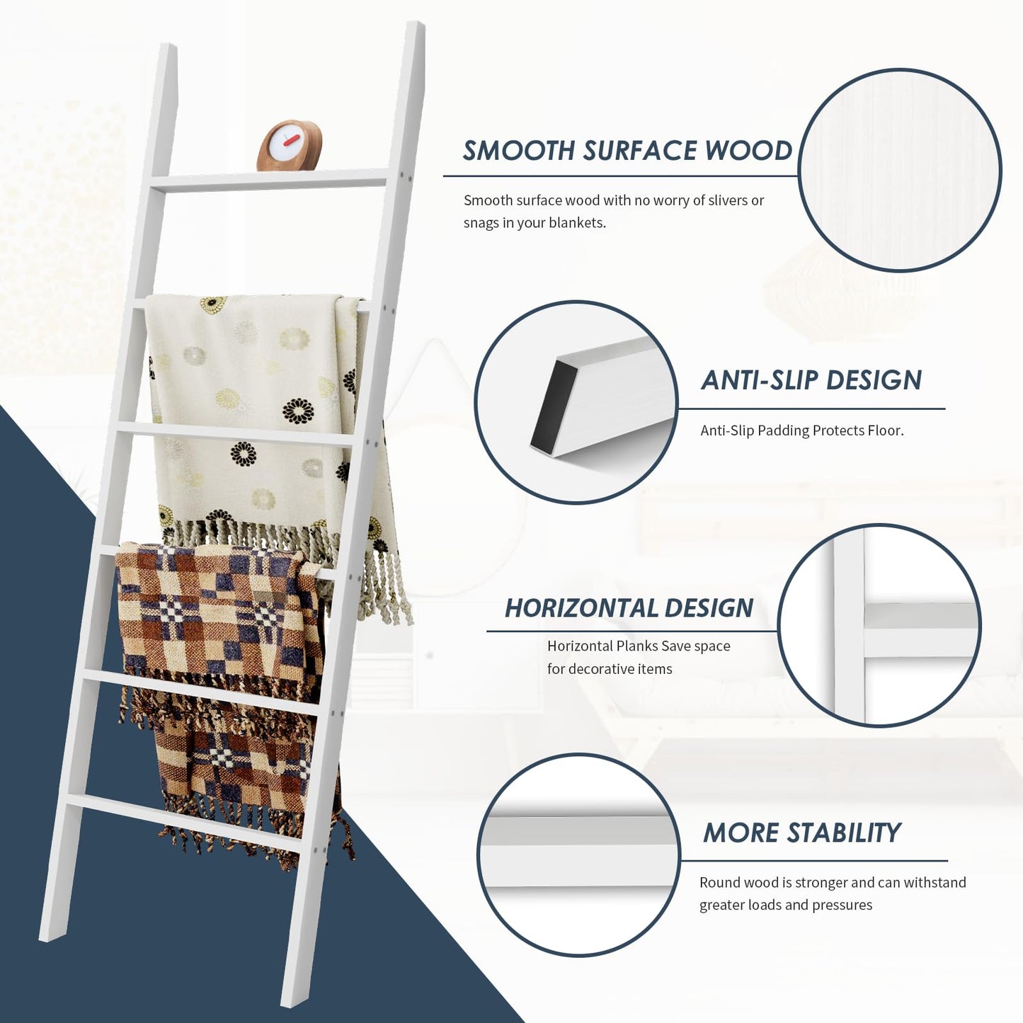 Delywh Wood Blanket Ladder, 57.5'' Rustic Towel Quilt Throw Blanket Ladders for The Living Room, Bedroom, Nursery Stand Holder, Wooden Decorative Ladder for Blankets Rack Farmhouse Home Decor, White