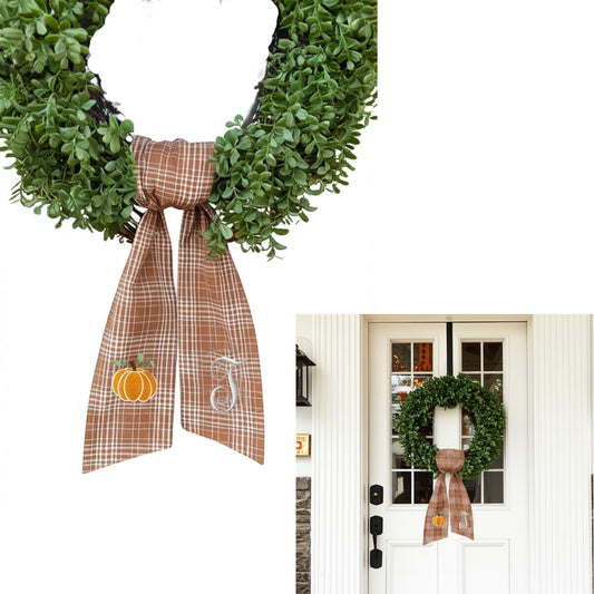 Autumn Door Wreath Sash Embroidered with White Letters and Pumpkins On A Plaid Wreath Sash Ideal for Housewarming Gifts, Autumn Thanksgiving, Halloween, and Christmas Porch Decorations -T