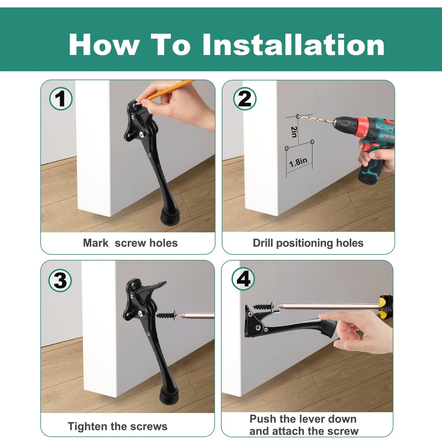 Door Stop, 6 Inch Kickdown Door Stopper with Non-Slip Rubber Tip, One Touch Heavy Duty Doorstop for Bottom Door, Adjustable Metal Door Holder, 2 Pack, Black