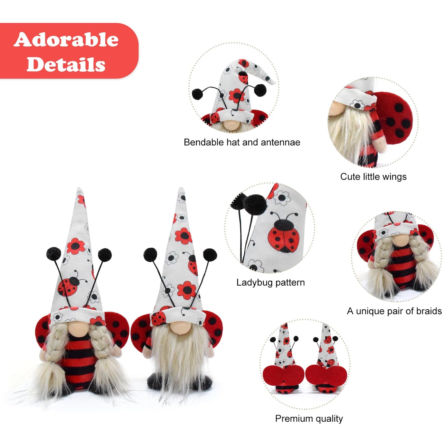 Vytina 2 Pcs Ladybug Gnomes Gift Cute Little Ladybugs Couple Gnome Plush Spring Summer Autumn Swedish Tomte Ladybird Doll Elf for Home Farmhouse Tiered Tray Decor