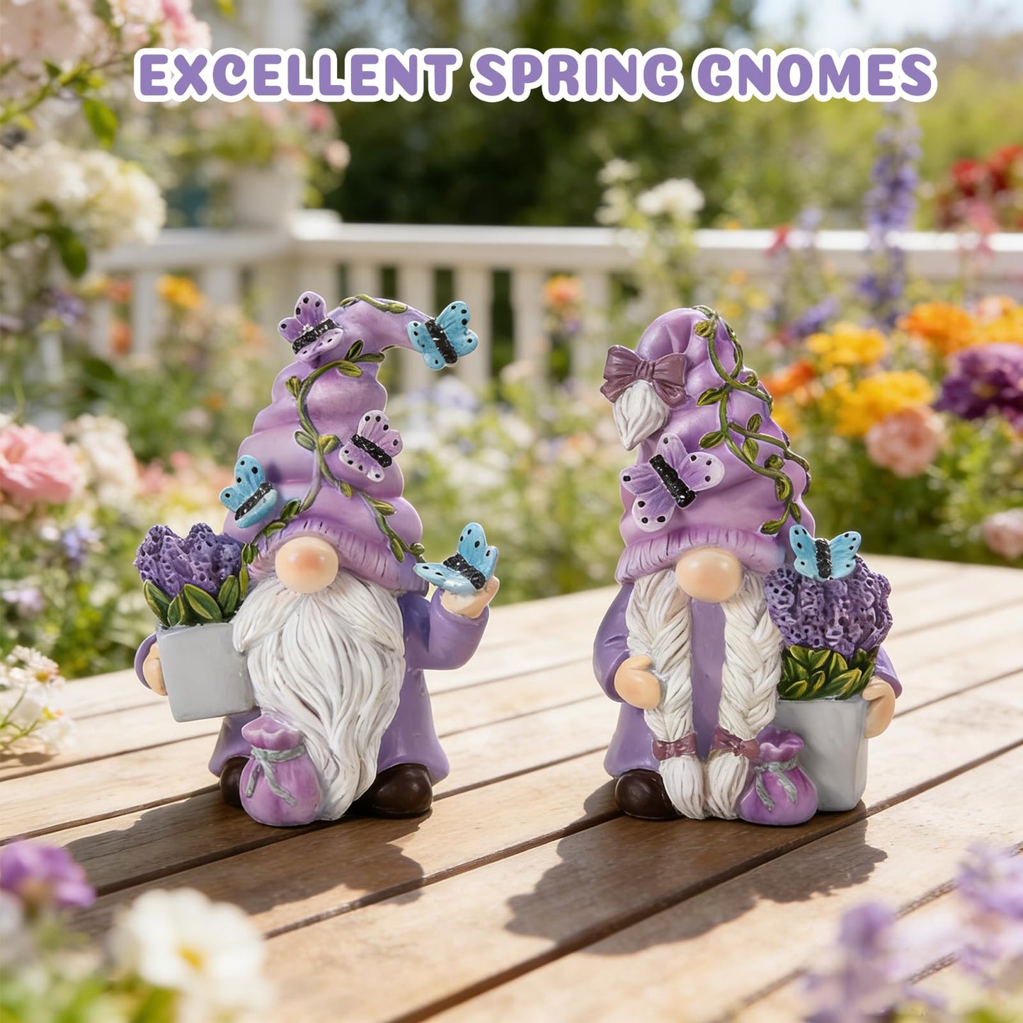 Ironlux 2Pcs Spring Lavender Gnomes Decor, Resin Purple Gnome Figurines with Butterfly, Indoor Outdoor Garden Gnomes Decorations for Home Yard, Cute Spring Gnomes Gifts for Women