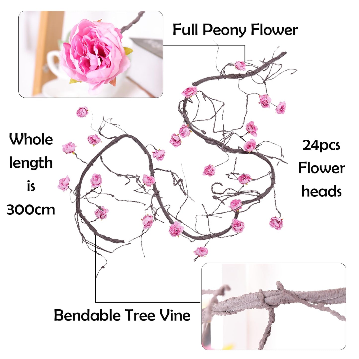 1PCS 300cm/118inch Large Flexible Artificial Tree Fall Vines Twine Wood Branches with Peony Flowers Garland Twig Reptile Climbing Fake Plants for Wedding Arch Christmas Wall Door Hanging Decoration