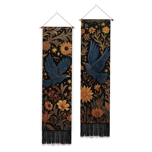 PLIGREAT 2 Pack Halloween Vertical Tapestry, Colorful Raven Wall Hangings Gothic Style Wall Tapestry with Tassels Long Narrow Crow Art Tapestries for Bedroom Living Room Home Decor, 52" x 13"