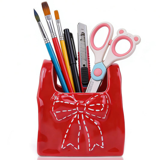 elephtree Bow Ceramic Pen Holder for Desk, Cute Pen Holder for Desk & Makeup Brush Holder, Multi‑Use Toothbrush Holders, Girly Desk Accessories for Office, Bathroom, Vanity Gift for Women Girls