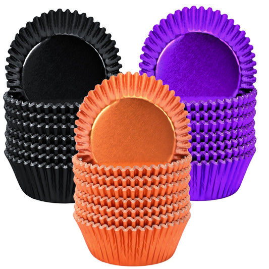 SANNIX 450Pcs Halloween Foil Cupcake Liners Muffin Liners Baking Cups Foil Metallic Cupcake Wrappers for Halloween Party Supplies Standard Size (Black, Purple, Orange)