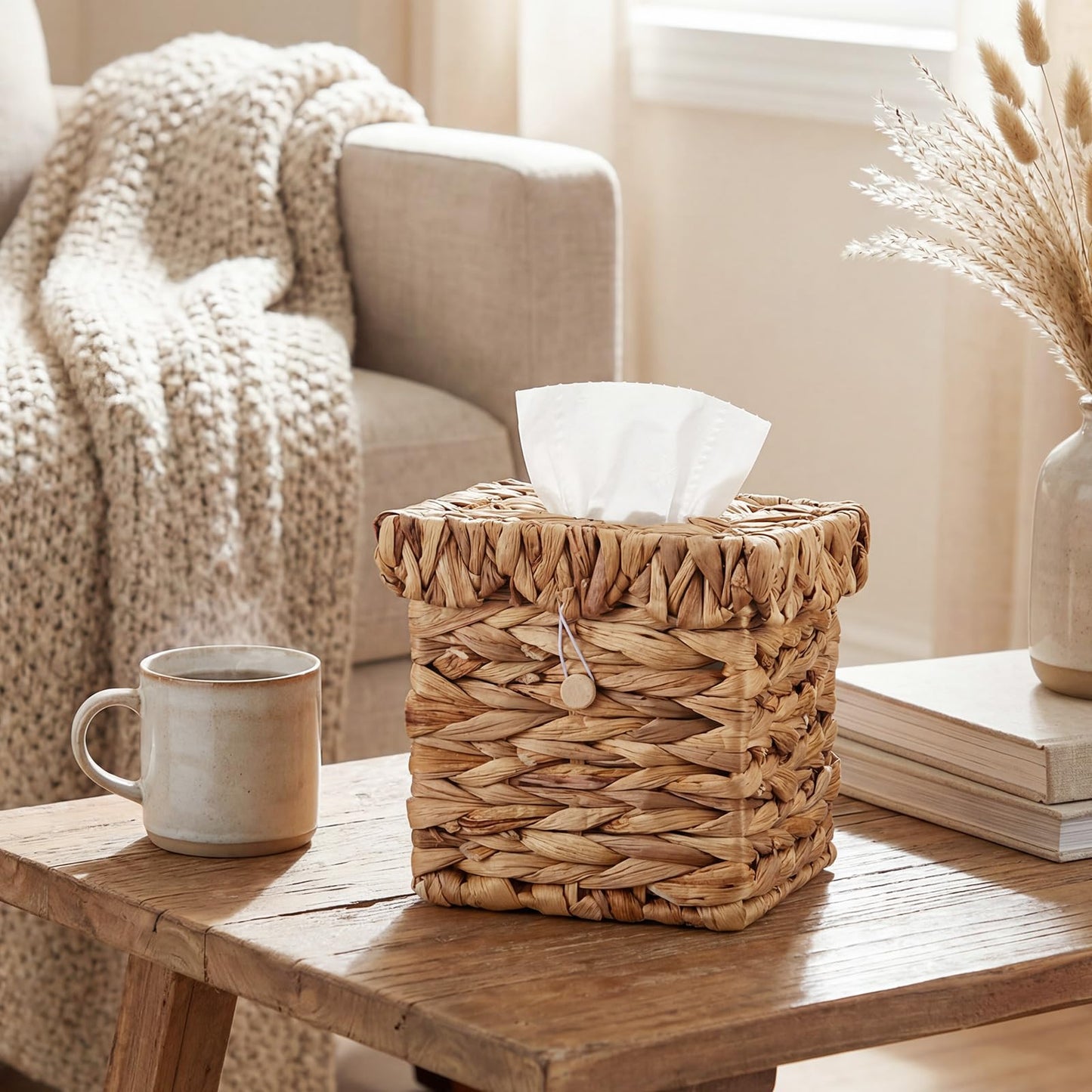 BrightRow Wicker Tissue Box Cover with Scalloped Lid 6 x 6 x 6 Inch Square Rattan Tissue Box Holder with Turn Over Top for Facial Napkins Boho Decorative Boxes on Table and Bathroom