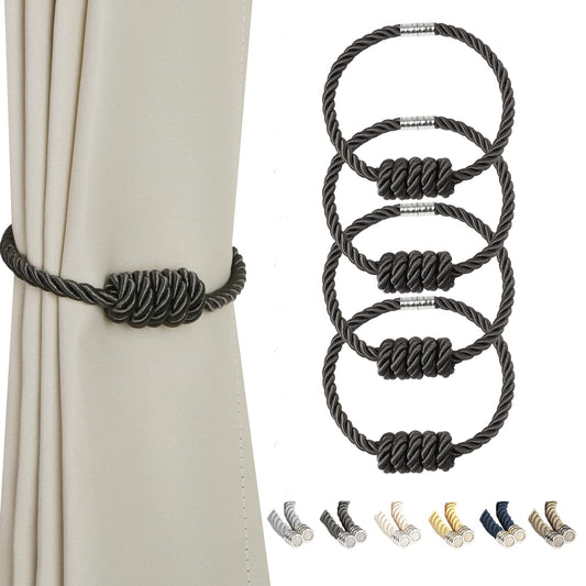 BEL AVENIR Magnetic Curtain Tiebacks, Decorative Drapery Holdbacks Modern Woven Tie-Backs with Exquisite Knot (Charcoal, 4 Pack)