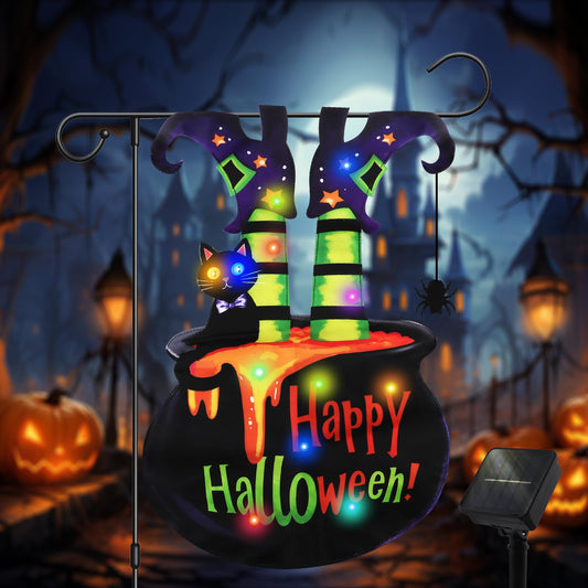 Neaonau Halloween Lighted Garden Flag for Outdoor 13 * 18 Inches Solar Witch Cauldron Flag with 8 Modes, Double Sided Halloween Decorations for Yards, Patios, Lawns, and Streets (Witch Feet)