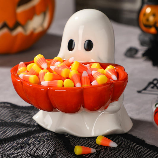 Reallnaive Halloween Candy Bowl Ghost Shaped Ceramic Candy Dish Ghost Serving Tray Cute Halloween Tabletop Decoration Cookie Jar for Party Supply