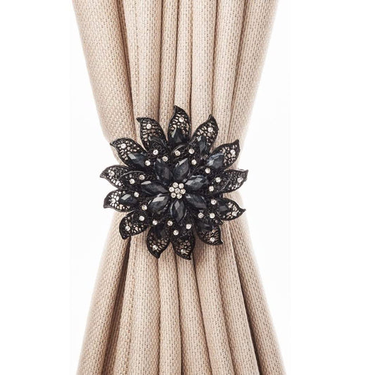 SUQ I OME Classic Luxury Big Crystal Curtain Magnetic Tieback Flower Curtain Clips Buckle with Stretchy Wire Rope for Home Office Decoration(Black,2PCS)