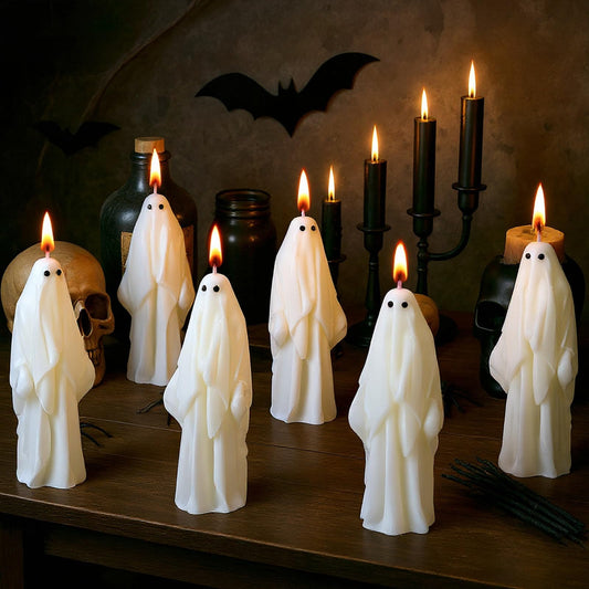 Syhood 6 Pcs Halloween Ghost Candles Gothic Spooky Ghost Taper Candles Soy Wax Gifts for Boo Basket Stuffers Halloween Room Table Indoor Decoration