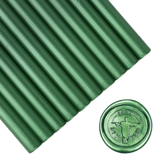 SHOWIN Glue Gun Sealing Wax Sticks for Wax Seal Stamp - Metallic Dark Green, Great for Wedding Invitations, Cards Envelopes, Snail Mails, Wine Packages, Christmas Gift Ideas, Pack of 10