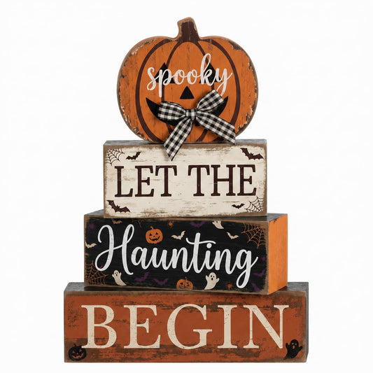 4 Pcs Halloween Table Decorations Pumpkin Bow Tiered Tray Decor Farmhouse Rustic Wooden Block Signs Spooky Halloween tabletop Centerpiece for Home Kitchen Mantel Shelf