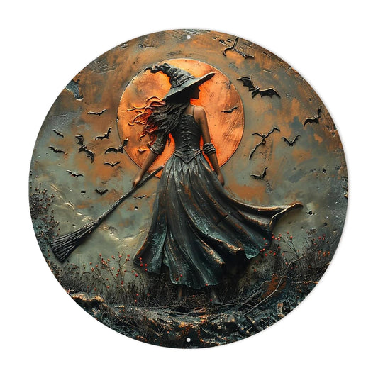 Classic Witch on Broomstick Round Aluminum Sign Halloween Autumn Wall Hanging Decorative Signs & Plaques 8x8 Inch Rustic Style Wall Decor for Halloween, Autumn, Living Room, Bedroom