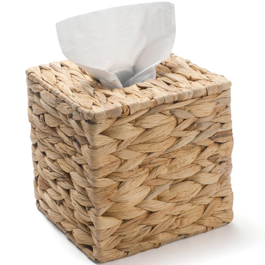 Tissue Box Cover Sqaure, Water Hyacinth Tissue Box Holder, Boho Decorative Woven Facial Tissue Holder for Bathroom, Kitchen, Living Room, Bedroom (Square)