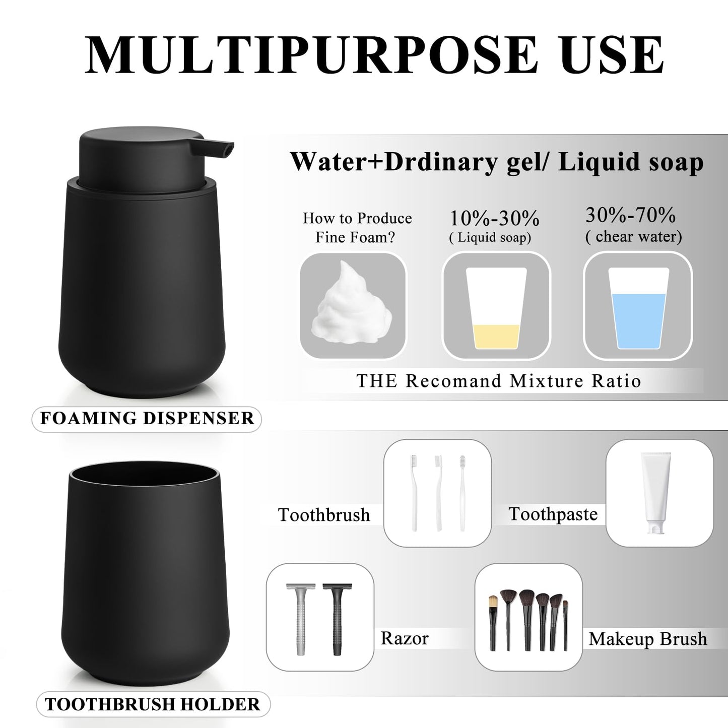 zuxzmj Matte Black Bathroom Toothbrush Holder Set Plastic Foaming Hand Soap Dispenser and Toothbrush Holders 2 Piece
