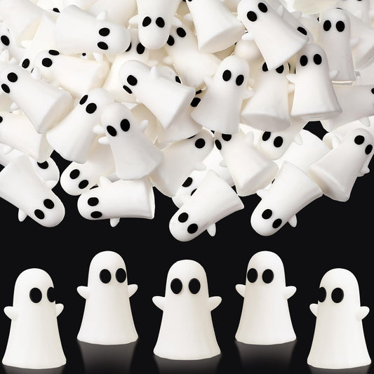 Lunmon 50 Pcs Mini Ghosts Bulks,Small Cute White PVC Ghost Figurines, Tiny Halloween Miniatures for Spooky Tiered Tray Decor, Home Tabletop Shelf Centerpieces Party Favors,1.49 inch