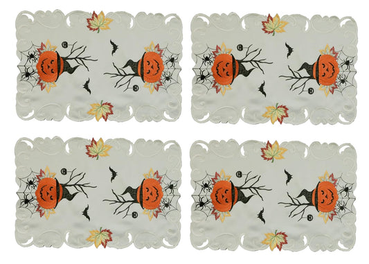 Creative Linens 4PCS Halloween Placemats 11x17”, Embroidered Spooky Pumpkin Bats Spider Web Tray Cloth, Ivory, Set of 4 Pieces