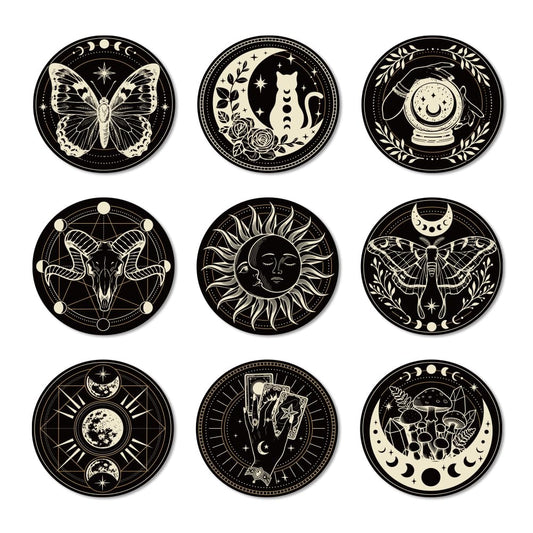 ANATTASOUL Coasters Set of 9 Moon Phases Magic Pattern Colorful Wooden Coasters Bulk Round Housewarming Gift for New Home, 3.9" Decorative Coffee Table Protection for Farmhouse Bar House Decor