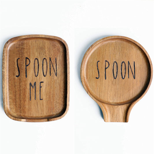Set of 2 Wood Spoon Rest for Stove Top- Smooth Acacia Wood Spoon Holder for Kitchen Counter with Non Slip Silicone Feet,Perfect Holder for,Spatulas Tongs and Spoons (Brown-(Labeled "SPOON"))