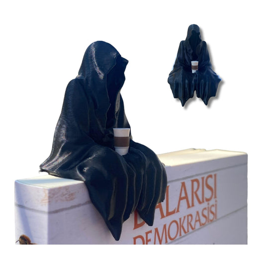 Sitting Ghost Figurine Holding Coffee | Suriel ACOTAR Inspired Decoration | Fantasy Book Lover Gift | Cozy Goth Desk Decor | Spooky Cute Aesthetic | Gift For Coffee Lovers
