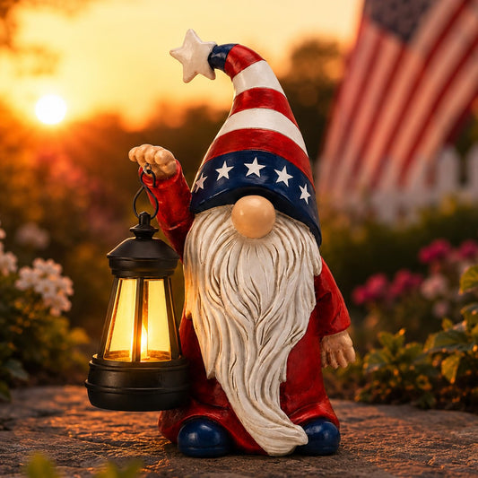 Fashionoda Solar Patriotic Gnome Lantern Statue, 9.4" Independence Day Garden Decor, American Flag Gnome Outdoor Decorations for Patio, Yard, Porch, and Lawn; Memorial Day and 4th of July Decor