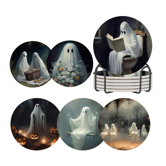 ubcindy Halloween Ghost Coasters for Drinks Set of 6,Round Absorbent Ceramic Stone Coaster with Metal Holder Stand,Vintage Cute Ghost Art Coasters with Cork Base for Coffee Table,Parties,Gifts