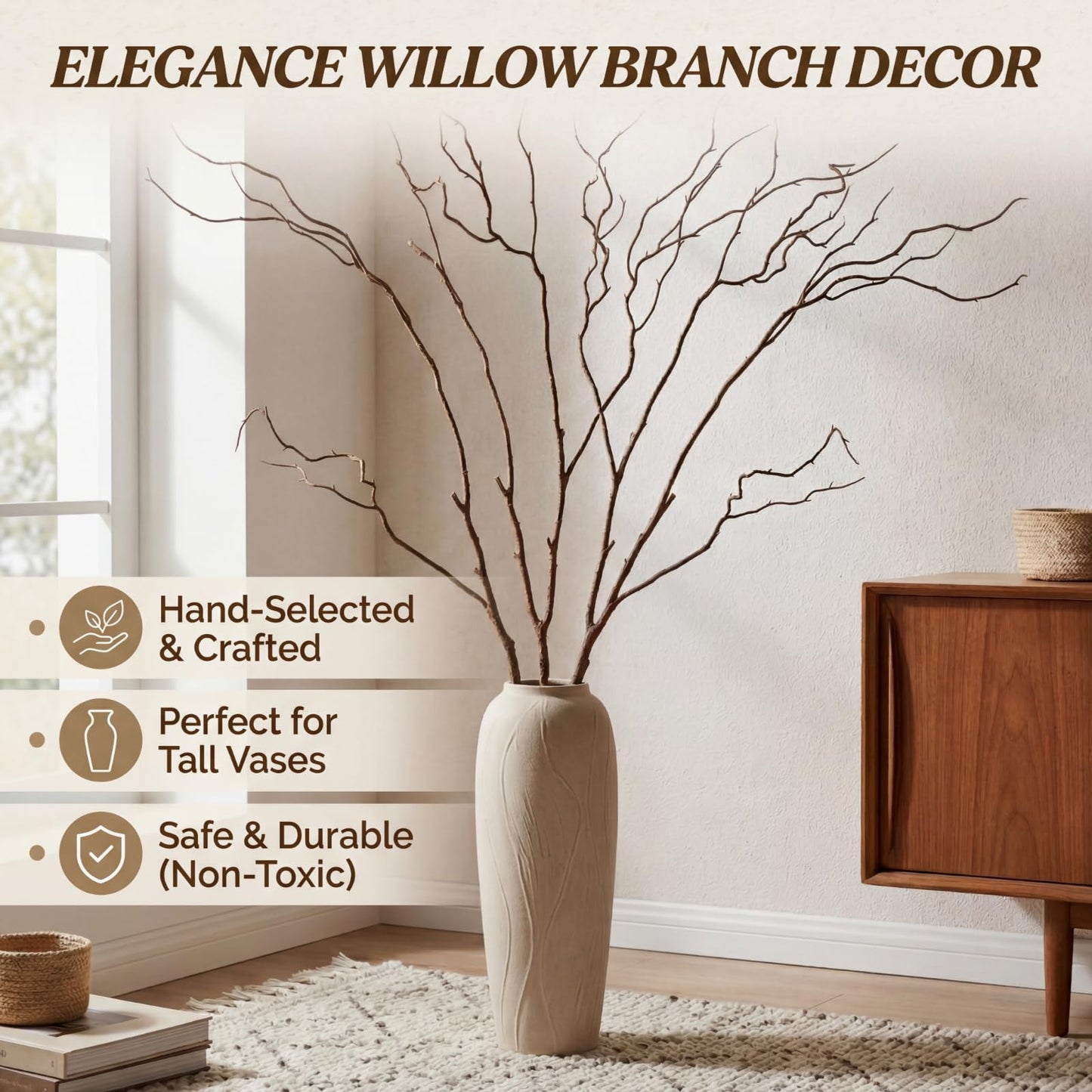 Norme 3 Pcs 65 Inch Lifelike Curly Willow Branches for Vases Artificial Decorative Dried Twigs Tall Plastic Vine Bendable Stick for DIY Plant Crafts Farmhouse Wedding Indoor Home Hotel Decor(Brown)