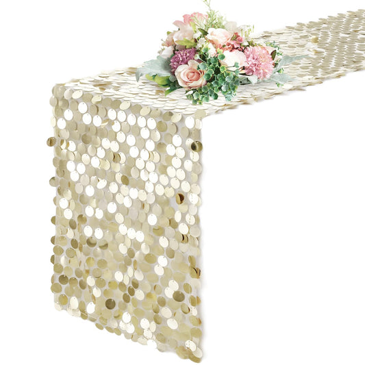 Pufogu 12 x 108 Inch Sequin Table Runner, Champagne Glitter Premium Big Sequin Table Runner, Rectangle Table Runners for Halloween, Christmas, Wedding Party, Birthday Party, Banquet Decor (1 Pack).