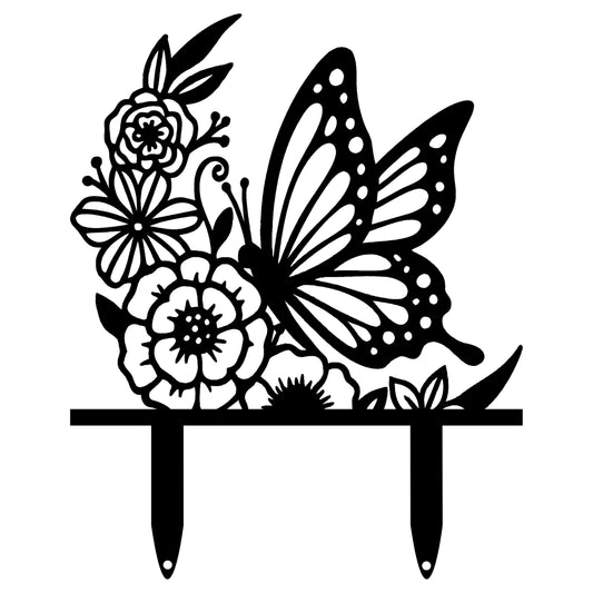 Butterfly Floral Metal Garden Stake Decor- Monarch Butterfly Silhouette Yard Art, Spring Floral Metal Lawn Decor for Patio, Lawn, Flower Bed, Cottage Nature Lover Gift (Black)