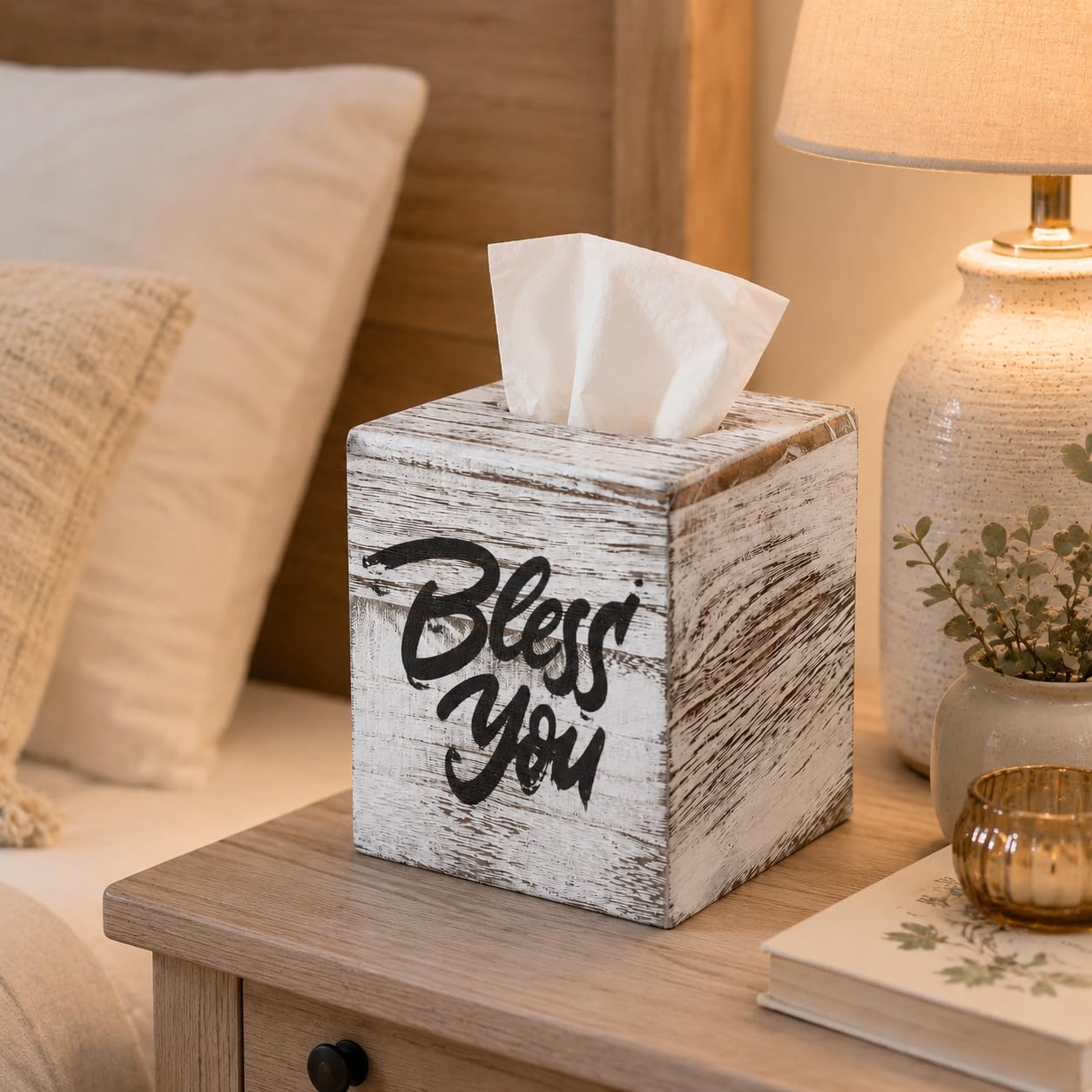 Wood Tissue Box Cover, Square Bless You Tissue Holder, Decorative Tissue Dispenser for Bathroom, Living Room, Dining Table, 5.3" L x 5.3" W x 6.1" H