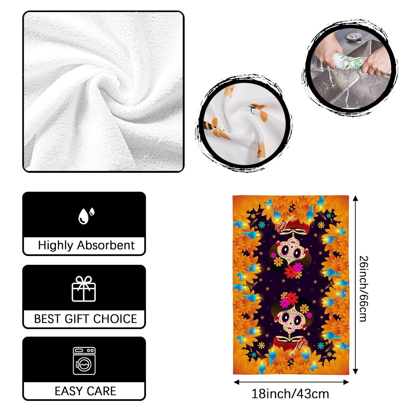 Yarcooly Day of The Dead Dish Towels for Kitchen Dia De Los Muertos Kitchen Towels Mexican Sugar Skull Marigolds Floral Decor Day of The Dead Decorations for Home Party