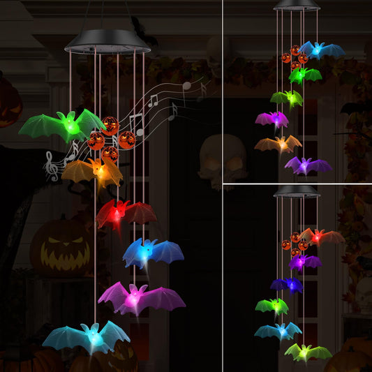 Bat Solar Lights Wind Chimes for Outside Garden Decoration, Color Changing Halloween Lights Wind Chimes with Pumpkin Bells, Bat Solar Chimes Outdoor Waterproof for Garden Patio Yard Porch Party Decor