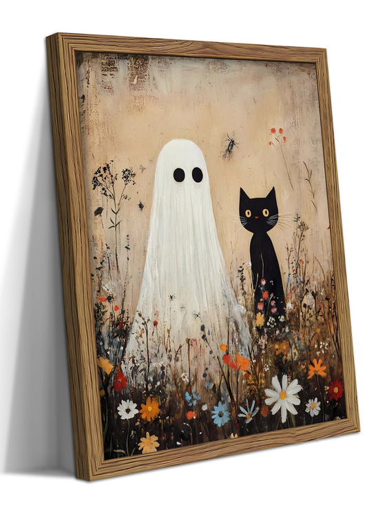 Framed Halloween Ghost Wall Art, Funny Cute Cat Ghost Canvas Wall Decor Paintings, Vintage Spooky Floral Botanical Poster Print Pictures for Living Room Bedroom 8x10 Inch