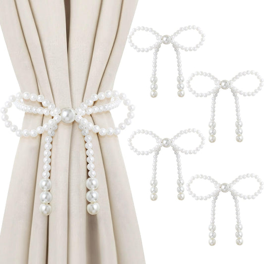 Lewtemi 4 Pcs Pearl Bow Magnetic Curtain Tiebacks Decorative Curtain Holdbacks No Drill for Mother's Day Home Outdoor Bedroom Office (Bowknot)