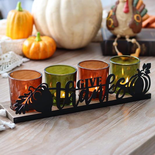 SYFURNIX Thanksgiving Centerpieces Glass Tealight Votive Candle Holder Include 1 Candle Tray & 4 Candle Holders Fall Thanksgiving Table Decorations Indoor