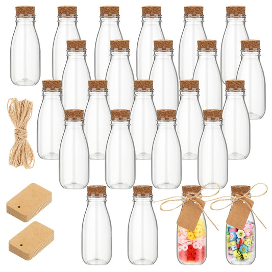Roshtia 24 Pcs 4oz Plastic Mini Potion Bottles with Cork Lids Small Clear Favor Jars Sand Art Bottles Tiny Jars with Twine and Tags for Wedding Birthday Baby Shower Party Candy DIY Crafts Gifts