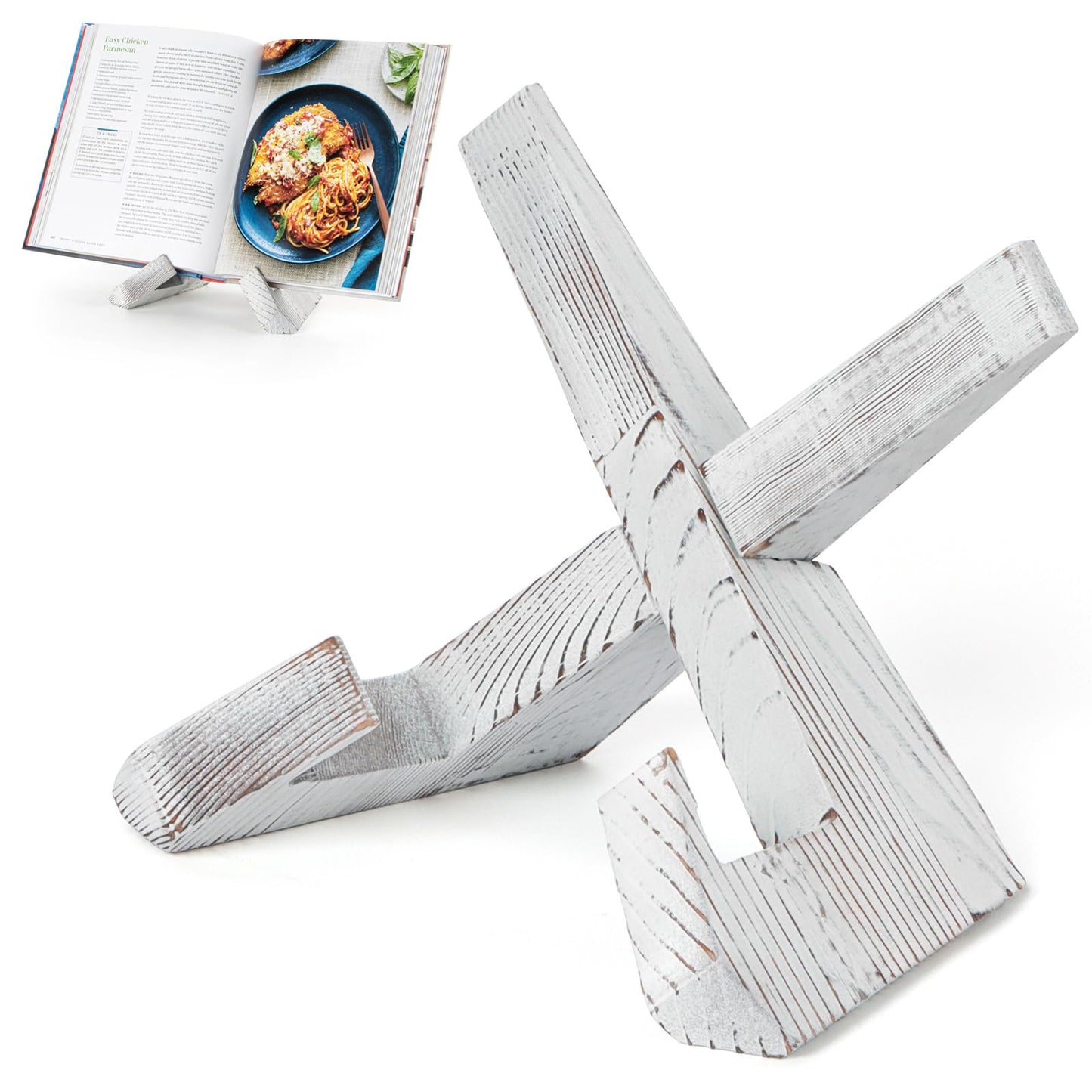 PUERSI Cookbook Stand for Kitchen, Recipe Book Holder for Kitchen Counter, Wooden Cookbook Holder, Rustic Cook Book Holder Stand - Farmhouse White - 1 Set