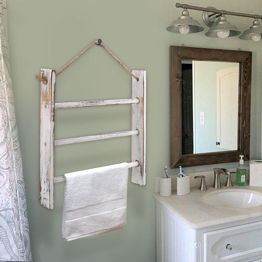 CuffUp Rustic Wood Ladder Hand Towel Rack for Bathroom, Farmhouse Blanket Ladder for Living Room Hanging Decorative Rack for Blankets Whitewashed Towel Rack with Rope (Whitewashed)