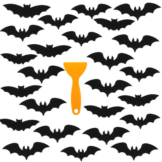 Chiisong 24 Pcs Non Slip Black Bat Bathtub Stickers for Kids Halloween Horror Bath Treads Adhesive Anti Slip Shower Decal Threads with Scraper for Kid Toddler Bath Tub and Shower Floor Bathroom Decor