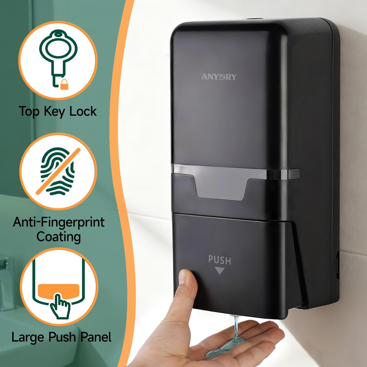 anydry Manual Liquid Soap Dispenser Wall Mount, 27oz (800 ml) Large Capacity for Commercial Bathroom