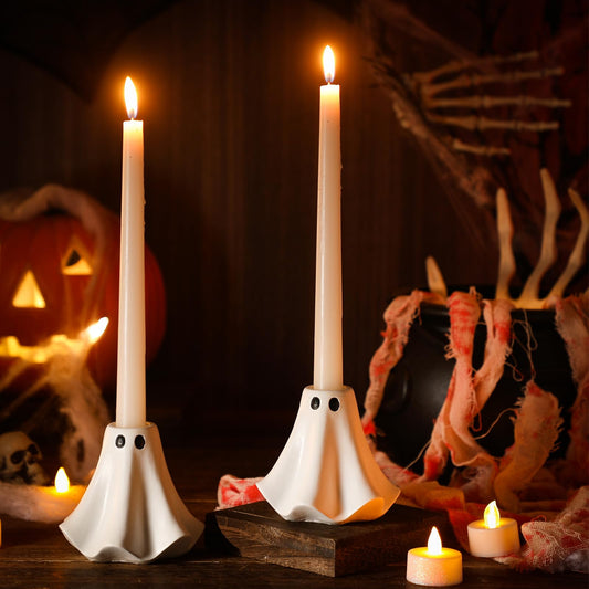Conelist 2 Pcs Halloween Ghost Candlestick Holders Cute Ghost Shape Candle Stick Holders Ceramic Taper Candle Holder for Halloween Wedding Party Holiday Office Home Decor Gift