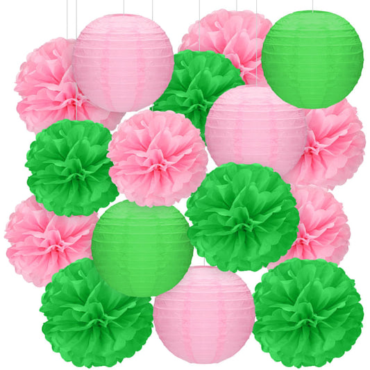 RoundFunny 15 Pcs Witch Theme Party Decorations Green and Pink Party Decorations Birthday Tissue Paper Pom Pom Lanterns Supplies for Girls Women Princess Birthday Decor