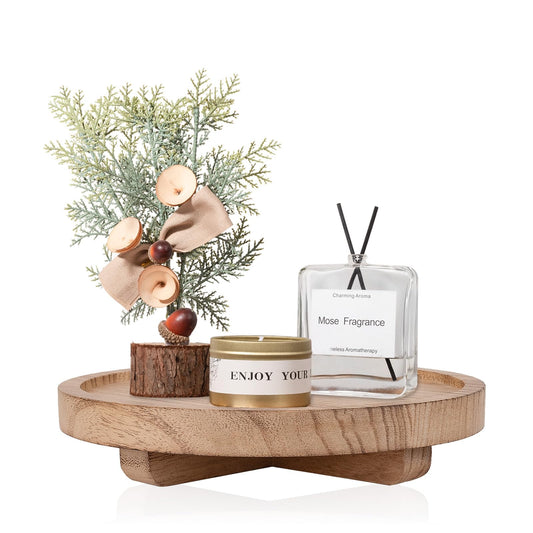 Round Decorative Tray Wood Bathroom Counter Organizer Farmhouse Kitchen Decor Wooden Riser for Soap Dish, Perfume, Candle, Sponge, 8" - Brown