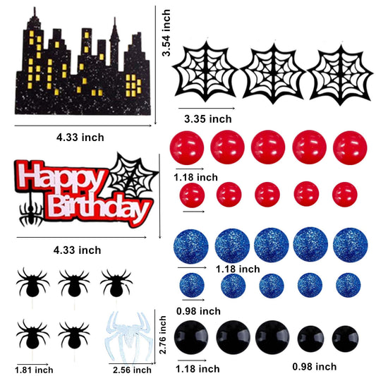 Spider Cake Topper, Spider Web Cake Decorations Spiders Theme Cake Decor Glitter Happy Birthday Toppers Red Black Blue Balls Cupcake Topper for Boys Men Baby Shower Party Supplies