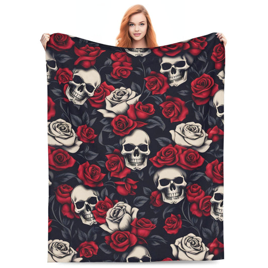 VODRM Horror Skull Blanket Gifts for Kids Adults Soft Warm Lightweight Cozy Gothic Red Rose White Black Skulls Throw Blankets for Bed Living Room Sofa Couch Halloween Goth Decor 50x60in