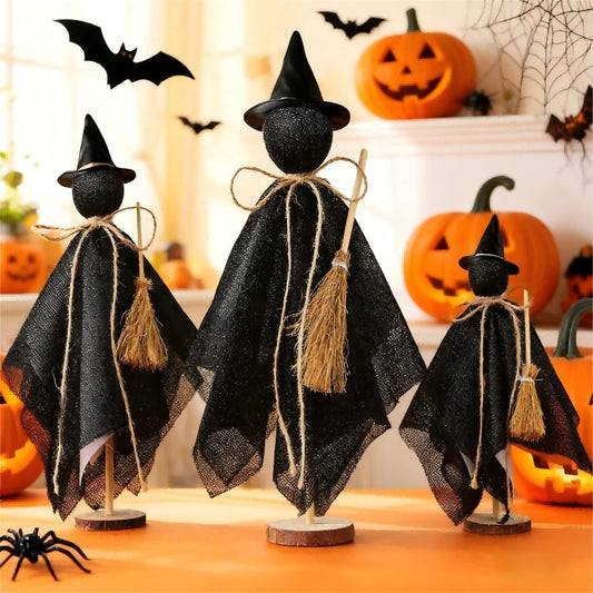LINLINGTOYS Halloween Decorations Indoor - 3 Set Primitive Halloween Wtich with Hat, Wooden Stand Witch Decor for Table Centerpieces, Mantels, Shelves, Vintage Spooky & Festive Party Decor