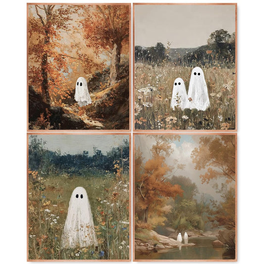 laveliabel Vintage Ghost Floral Wall Art Prints Set of 4 Unframed, Ghost Painting Wall Decor, Halloween Art Decorations, Fall Farmhouse Poster Prints for Home Gallery Walls Decor 8x10inches