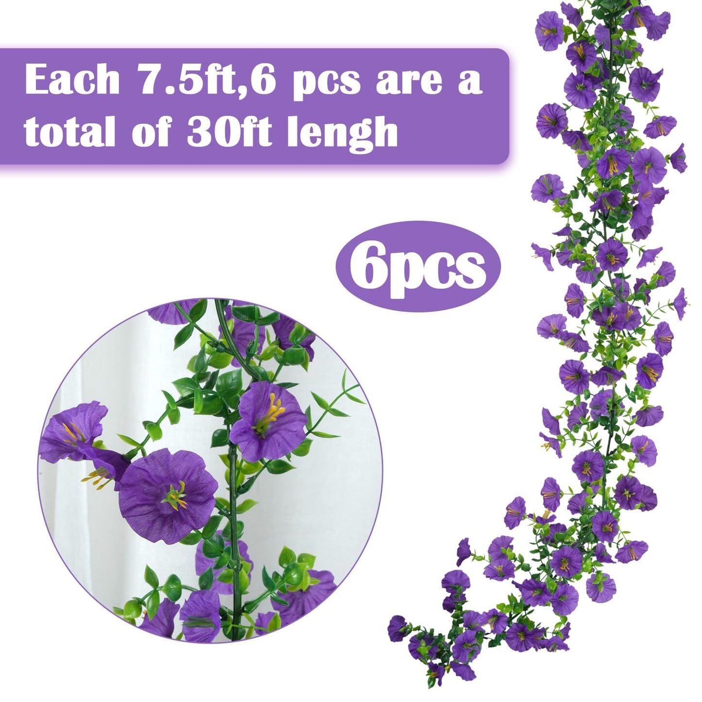 GTIDEA 6Pcs Fake Vines Spring Garland 36Feet Artificial Hanging Morning Glory Flower Garland Purple for Outdoors Wall Fence Indoor Arch Wedding Décor